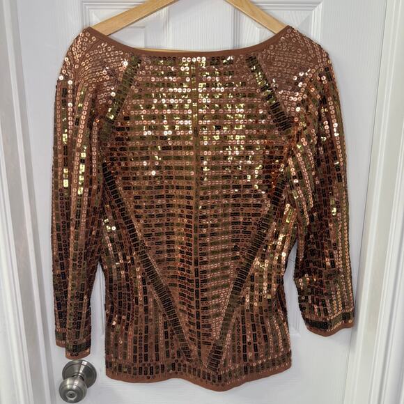 Boston Proper Allover Sequin Sweater Copper V-Neck 3/4 Sleeve Size M Party Top - Picture 4 of 5